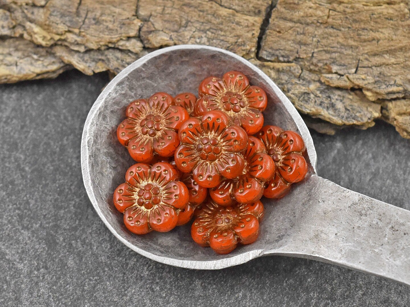 *12* 14mm Dark Bronze Washed Orange Opaline Wildflower Beads