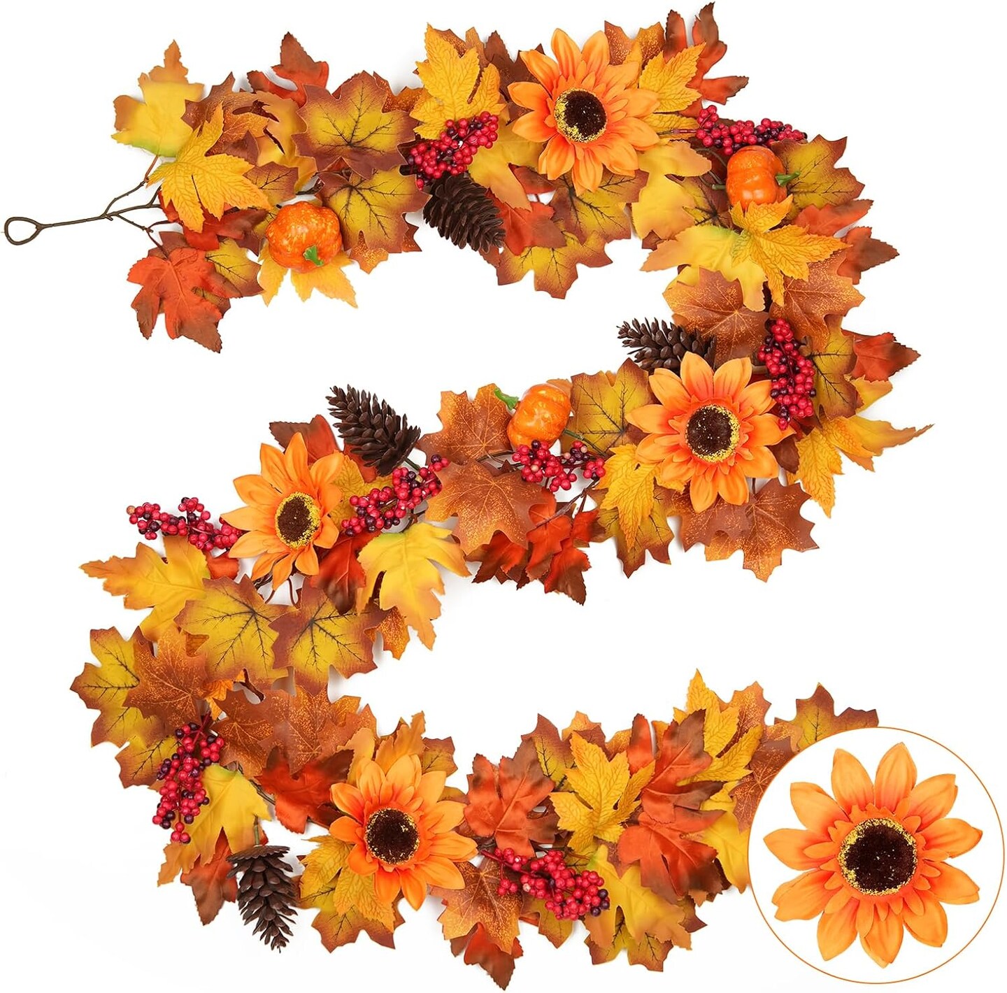 6.2FT Fall Maple Leaf Garland Autumn Garland Sunflower Pumpkin Berry Pinecone Cone Garland Decoration for Wedding Party Thanksgiving Table Fireplace Door Frame Doorway Backdrop Harvest Decor
