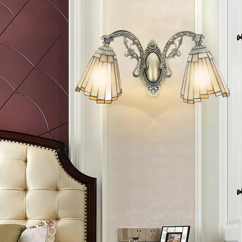 Antique Tiffany Bathroom Vanity 2-Light Vintage Stained Glass Wall Light Fixture