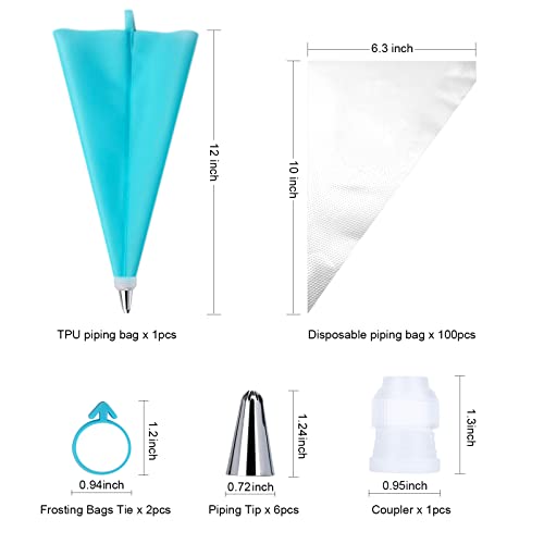 110 Pieces Piping Bags and Tips Set, Cake Decorating Kit with 100 Disposable Pastry bags, 1 Reusable Silicone Piping Bag, 6 Stainless Steel Piping Tips, 1 Coupler, 2 Frosting Bags Ties