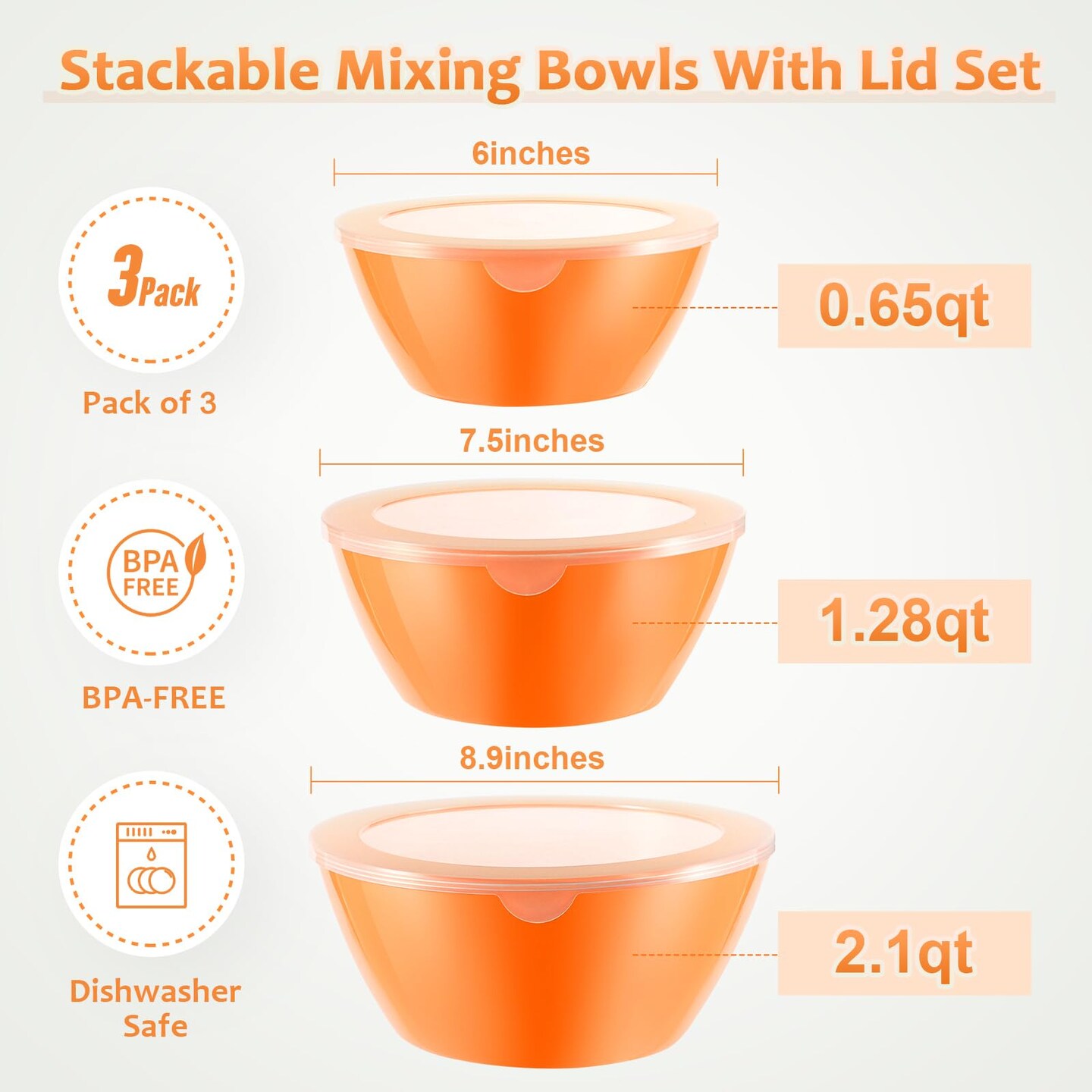 3 Pieces Mixing Bowls with Lids Set&#xFF0C;Plastic Mixing Bowls for Kitchen Preparing&#xFF0C;Serving and Storing&#xFF0C;Set of 3-Includes 3 Bowls and 3 Lids&#xFF0C;BPA-FREE Neat Nesting Bowls with Sealing Lids (Orange)