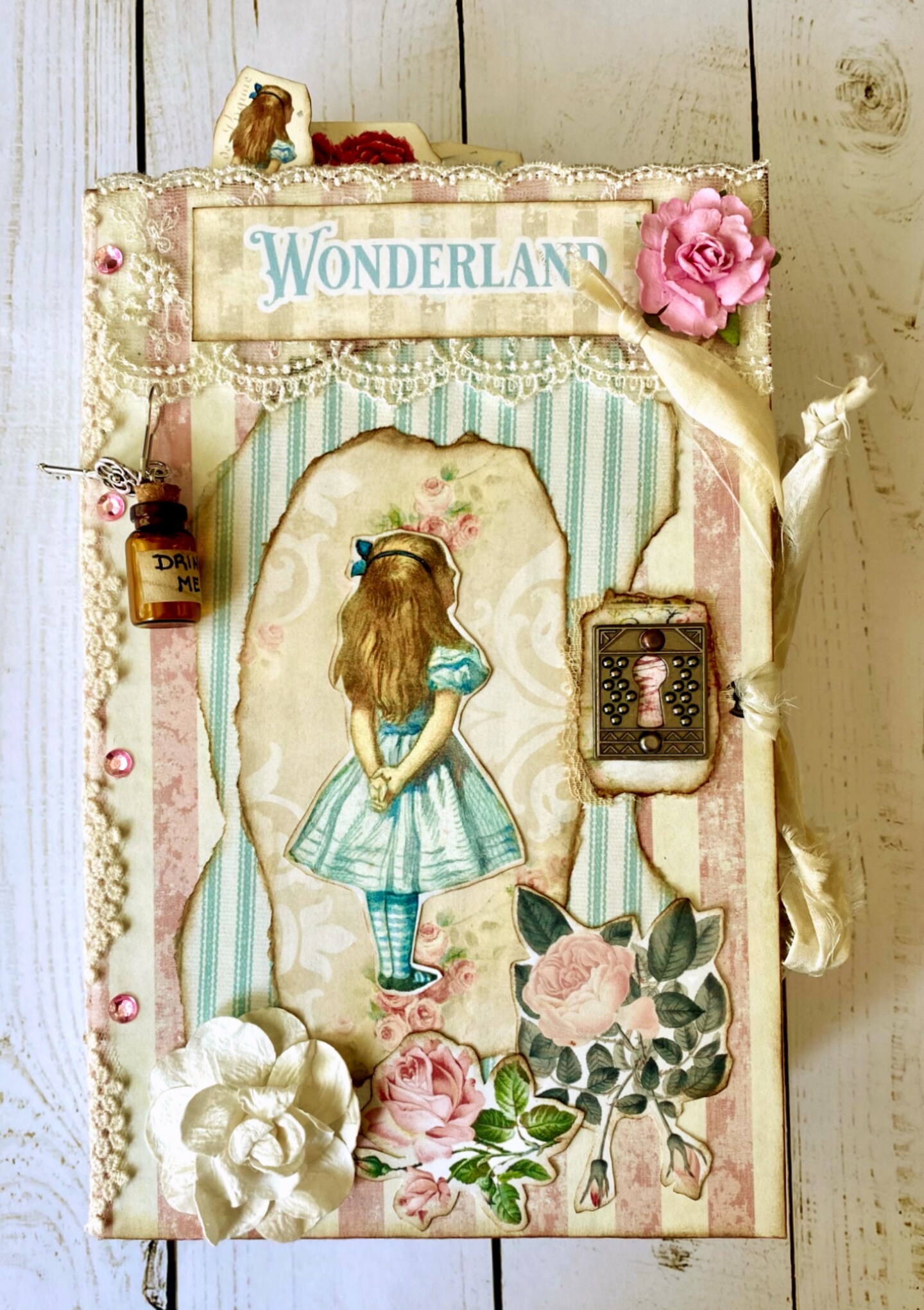 Handmade factory Alice In Wonderland Junk Journal || chunky spine, heavily decorated, shabby chic, removable tassel