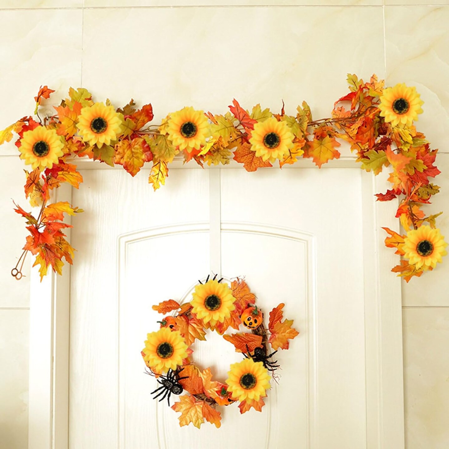 Artificial Fall Maple Leaf Garland with Sunflower and Berries for Thanksgiving and Halloween Decor,5.9Ft Hanging Vine Garland for Home Porch Front Door Table Mantle Outdoor Autumn Harvest