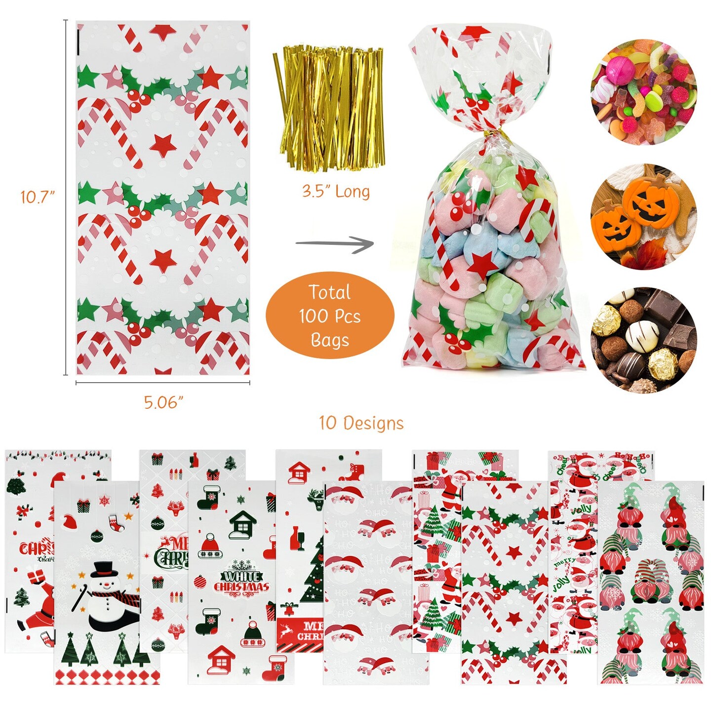 Wrapables Christmas Cellophane Treat Bags With Twist Ties for Candy, Cookies, Treats, Gifts and Party Favors (100pcs), Santa and Friends