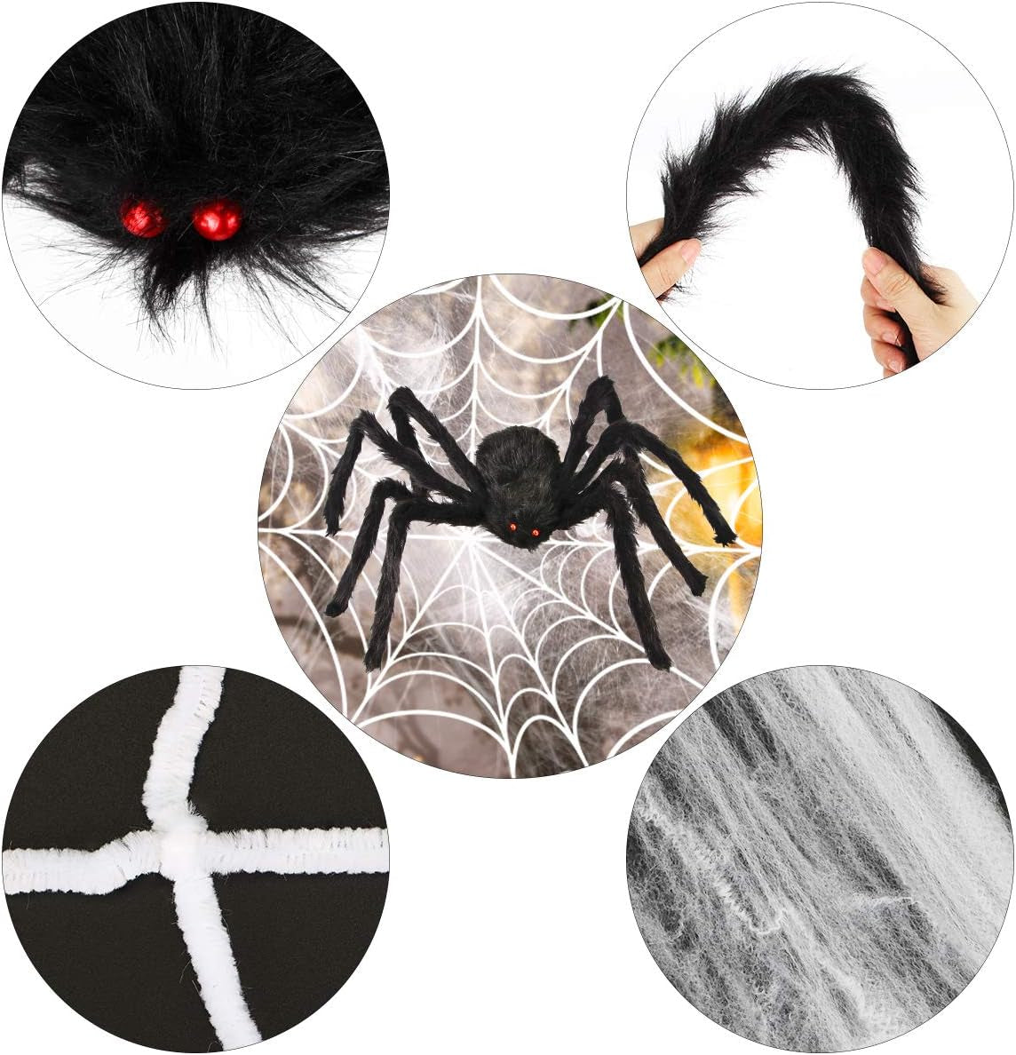 Halloween Spider Decorations, Halloween Scary Giant Spider Set with 4 Large Fake Spider, Spider Web, 20 Small Plastic Spiders, Cobwebs for Window Wall and Yard Outdoor Halloween Decor