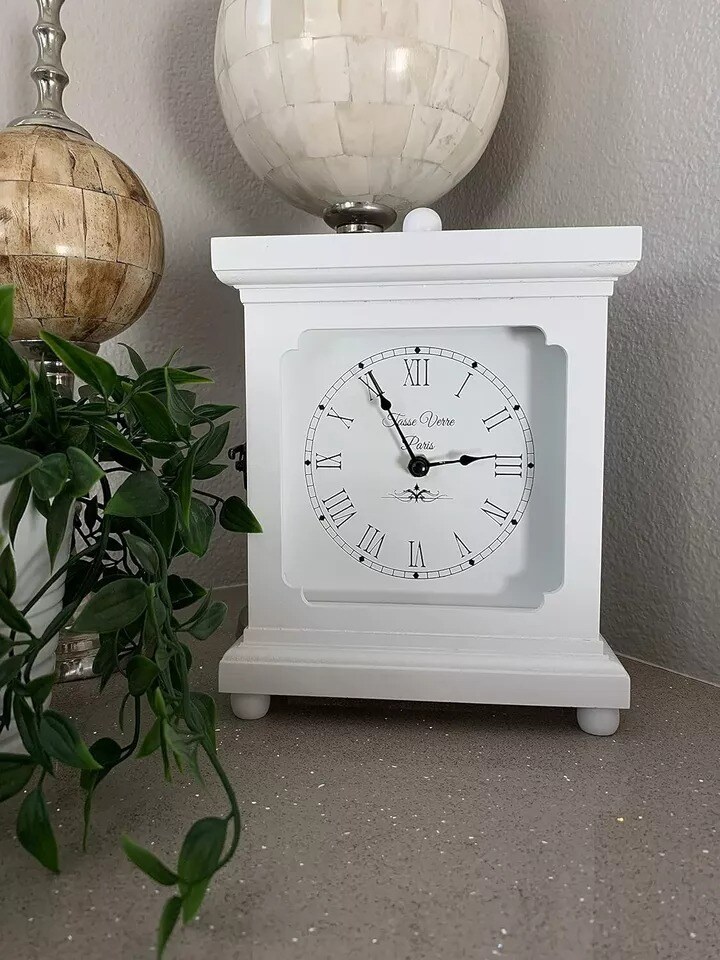 White Clock for Shelf Table Or Desk 9"x7" - Living Room Decor Wood Battery Opp.