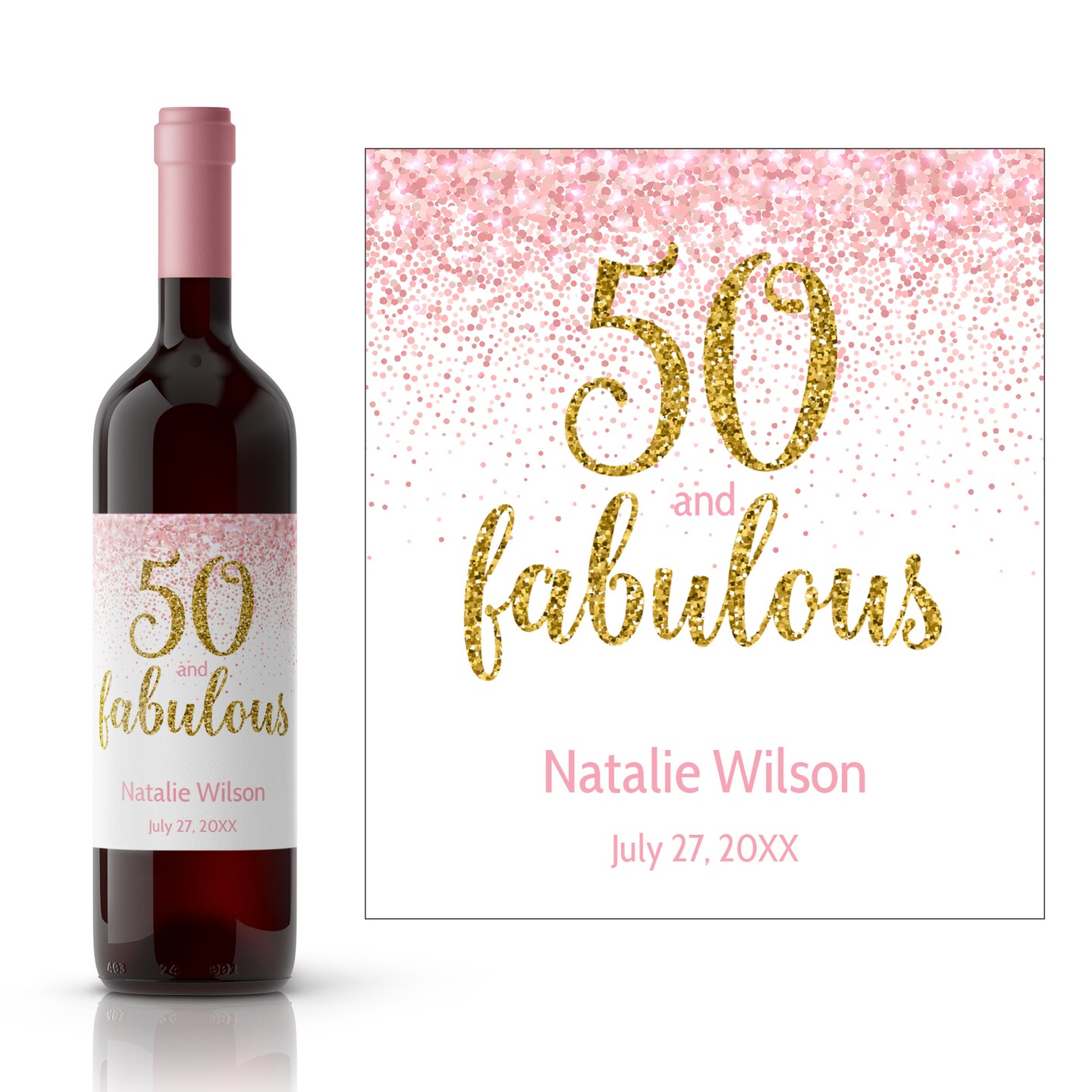 Pink Fifty And Fabulous Personalized Birthday Wine Label | Milestone Birthday Wine Label for Her | 50 Fabulous | Custom Birthday Wine 375012424528150528