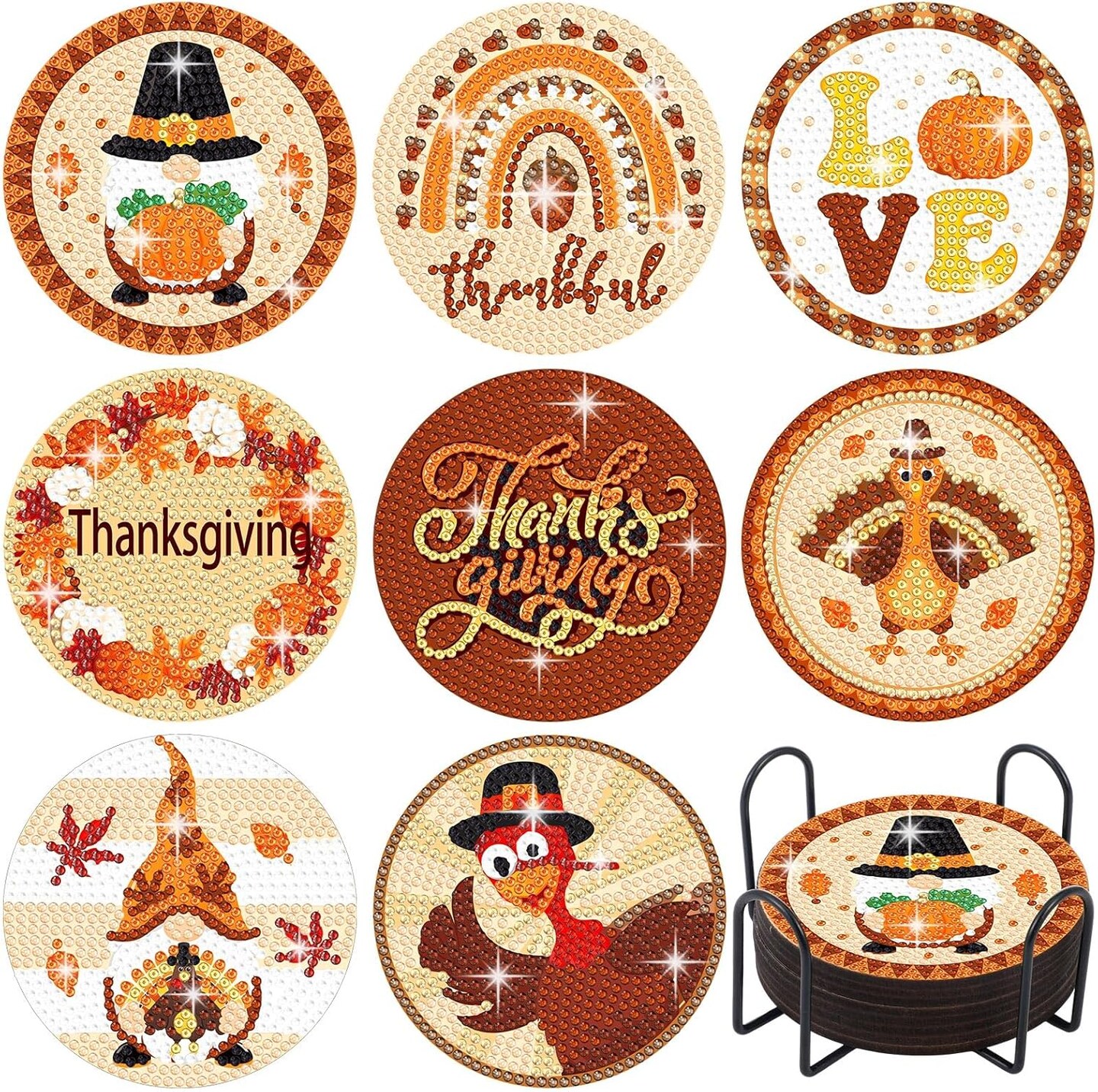 Diamond Painting Fall Diamond Art Coasters with Holder Turkey Gnome Pumpkin Diamond Panting Kits Orange Diamond Coasters for Adults Kids Craft Gifts