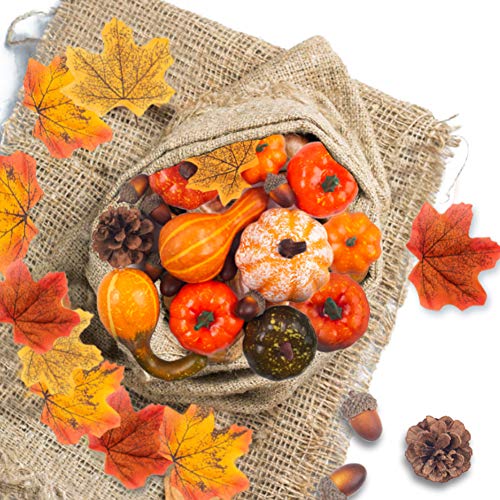50 Pieces Thanksgiving Artificial Pumpkins and Gourds Set, 8 PCS Fake Pumpkins, 12 PCS Pinecones and Acorns, 30 PCS Fake Maple Leaves Fall Wedding Tables Centerpieces