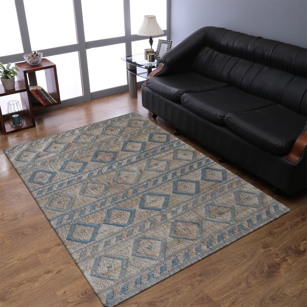 Rugsotic Hand Woven Kilim Jute Area Rug 5X7 Geometric Light Brown Light Blue J00088