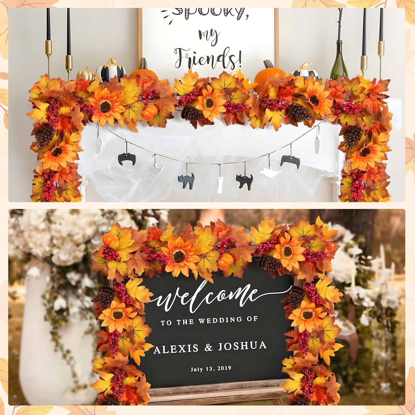 6.2FT Fall Maple Leaf Garland Autumn Garland Sunflower Pumpkin Berry Pinecone Cone Garland Decoration for Wedding Party Thanksgiving Table Fireplace Door Frame Doorway Backdrop Harvest Decor