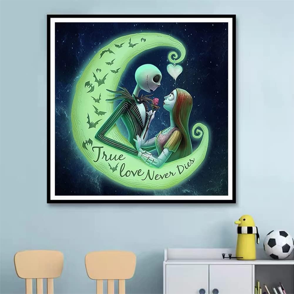 5D DIY Full Drill Diamond Painting by Number Kits for Adluts, The Nightmare Before Christmas Halloween Jack and Sally with Moon, Diamond Art Kits Craft Home Decor, 13.7 X 13.7 Inch