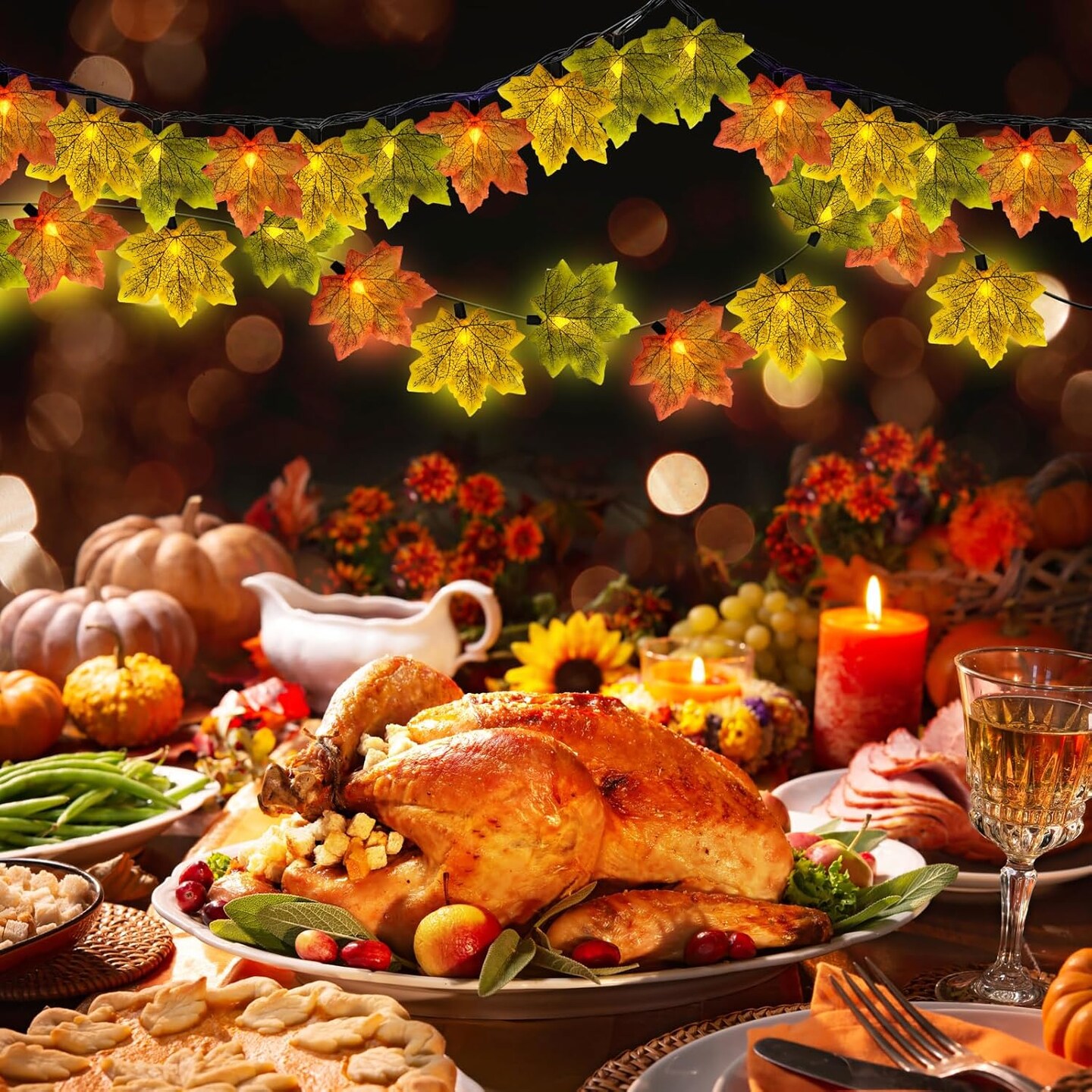 13.6Ft LED Thanksgiving Decorations Lights with 35 Maple Leaves Lights, Plug in Fall Leaf Garland Lights for Indoor Outdoor Halloween Fall Party Home