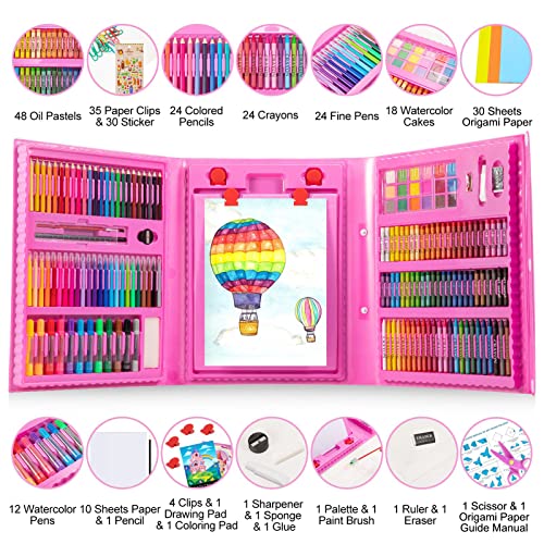 272 Pieces Art Set Drawing Kit for Girls Boys Teens Artist, Deluxe Gift Art Box with Trifold Easel, Origami Paper, Coloring Book, Drawing Pad, Pastels, Crayons, Pencils, Watercolors(Pink)