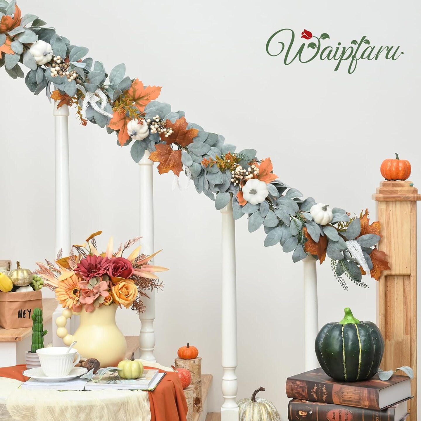 Mantle, Fall Leaves Garland with Pumpkin Maple Leaves for Autumn Home Table Thanksgiving Farmhouse Decorations
