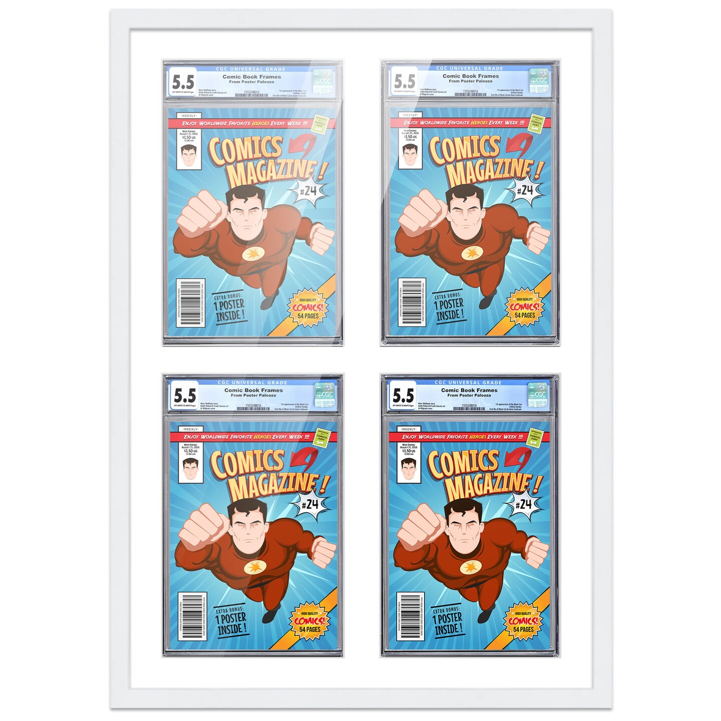 Comic Book Frame with Mat for 4 Graded Comics - White Wood Comic Frame With White Mat for 8.125x13 Comics - 20.75x30.5 Frame Size
