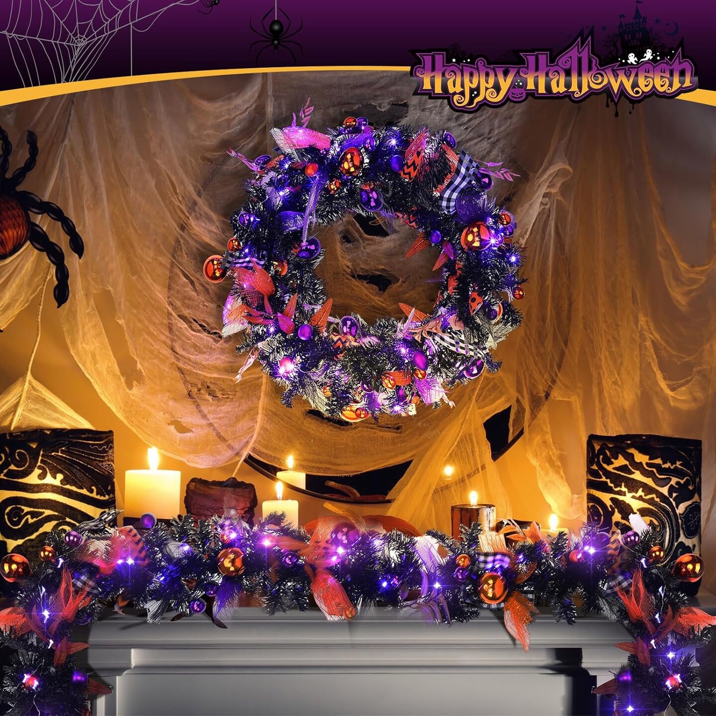 LED Mixed Ball Garland Hanging Rustic Halloween Garland String for Mantel Kitchen Fireplace Wall Window Home Indoor Outdoor Halloween Decor