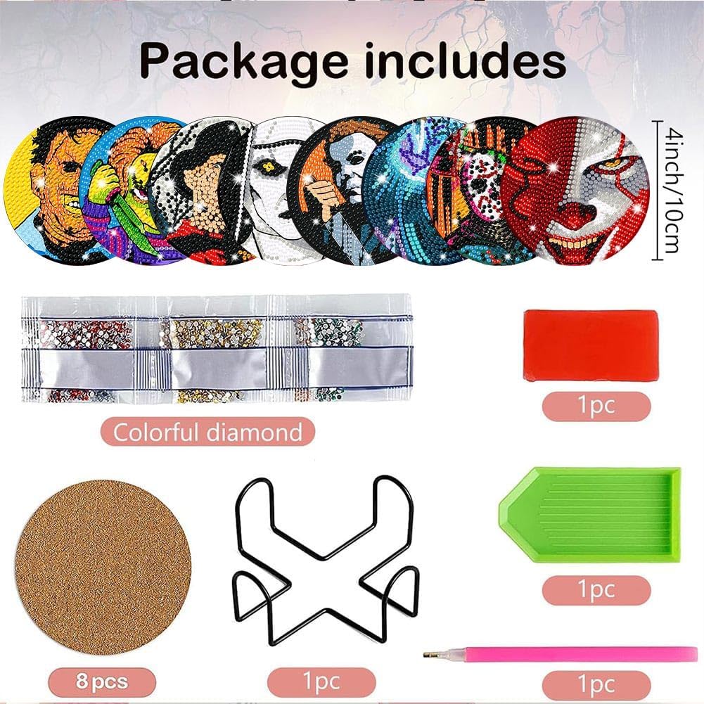 8 PCS Halloween Diamond Art Coasters - DIY Horror Diamond Painting Coasters Kits with Holder, Small Diamond Dot Coasters for Adults Beginners Art Craft Supplies