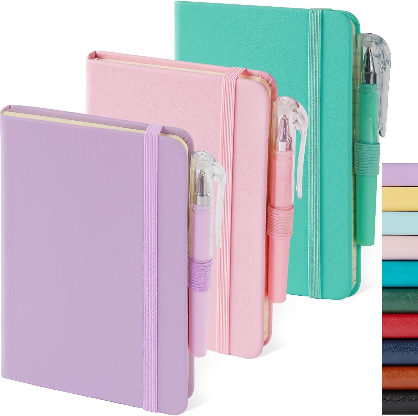 3 Pack Small Notebook Journal with Pen, A6 Mini Pocket Size Notepad Journal Notebook for Women/Men Work, Cute Note Book Note Pads, 3.7&#x22; X 5.7&#x22;, Leather, Pink, Purple, Green