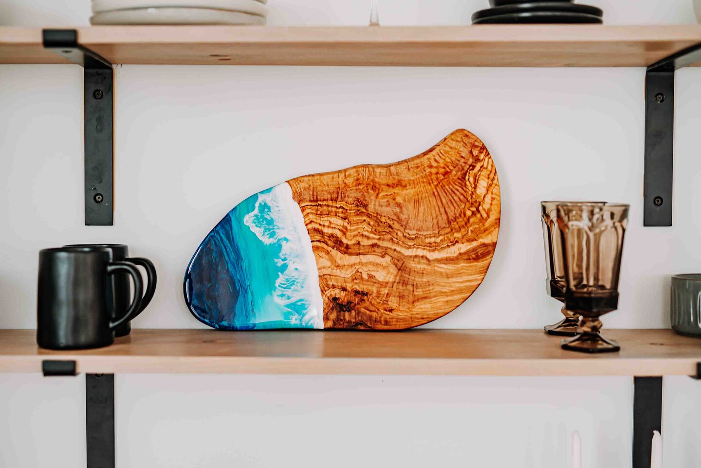 Olive Wood Ocean Wave Cheese Board, Beach Themed Charcuterie Tray