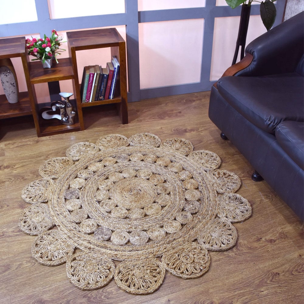 Rugsotic Hand Woven Jute Round Area Rug Beige Eco-Friendly Oriental J00005