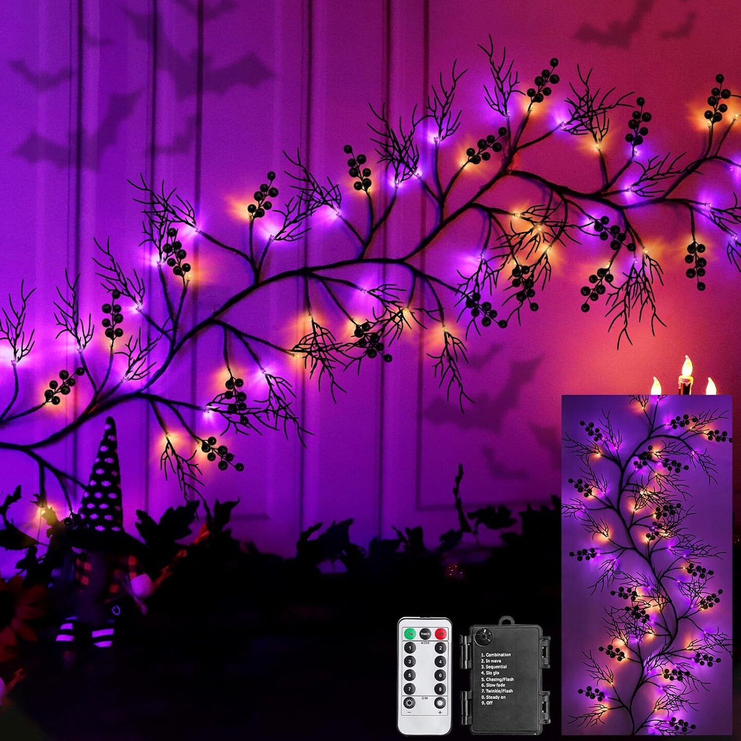 [ Remote Control &#x26; Timer ] Halloween Willow Vine Twig Decorations Branches Garland 6 Ft 54 LED Orange &#x26; Purple Lights 8 Modes Waterproof Battery Operated for Wall Fireplace Indoor Halloween Decor
