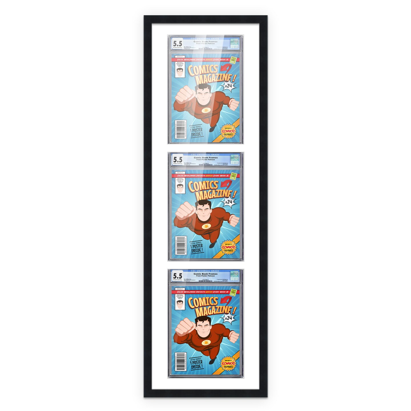 Comic Book Frame with Mat for 3 Graded Comics - Black Wood Comic Frame With White Mat for 8.125x13 Comics - 11.75x43.5 Frame Size