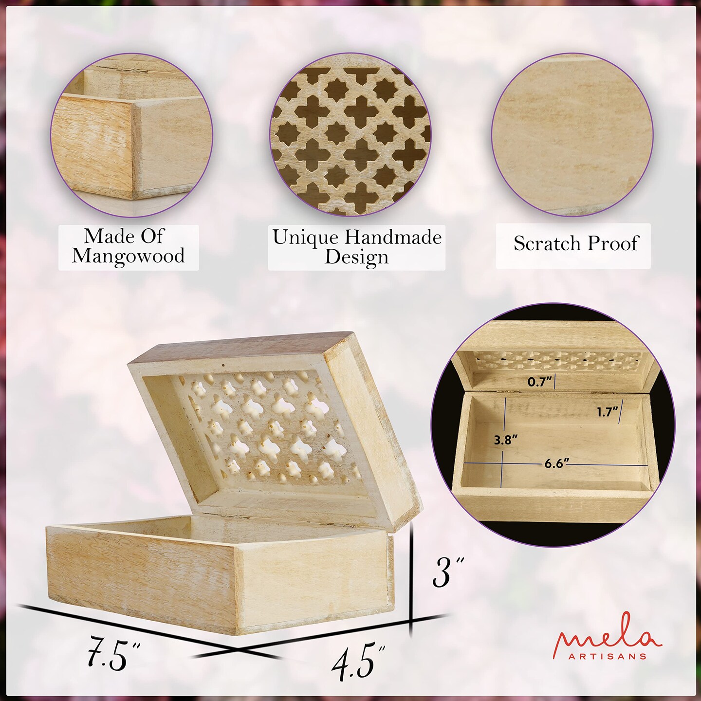 Decorative Storage Box with Hinged Lid - Whitewash, Medium | 7.5&#x201D; x 4.5&#x201D; x 3&#x201D; | Rustic Trellis Design | Mango Wood Crafted | Ideal for Keepsakes, Trinkets, Jewelry and Other Stash