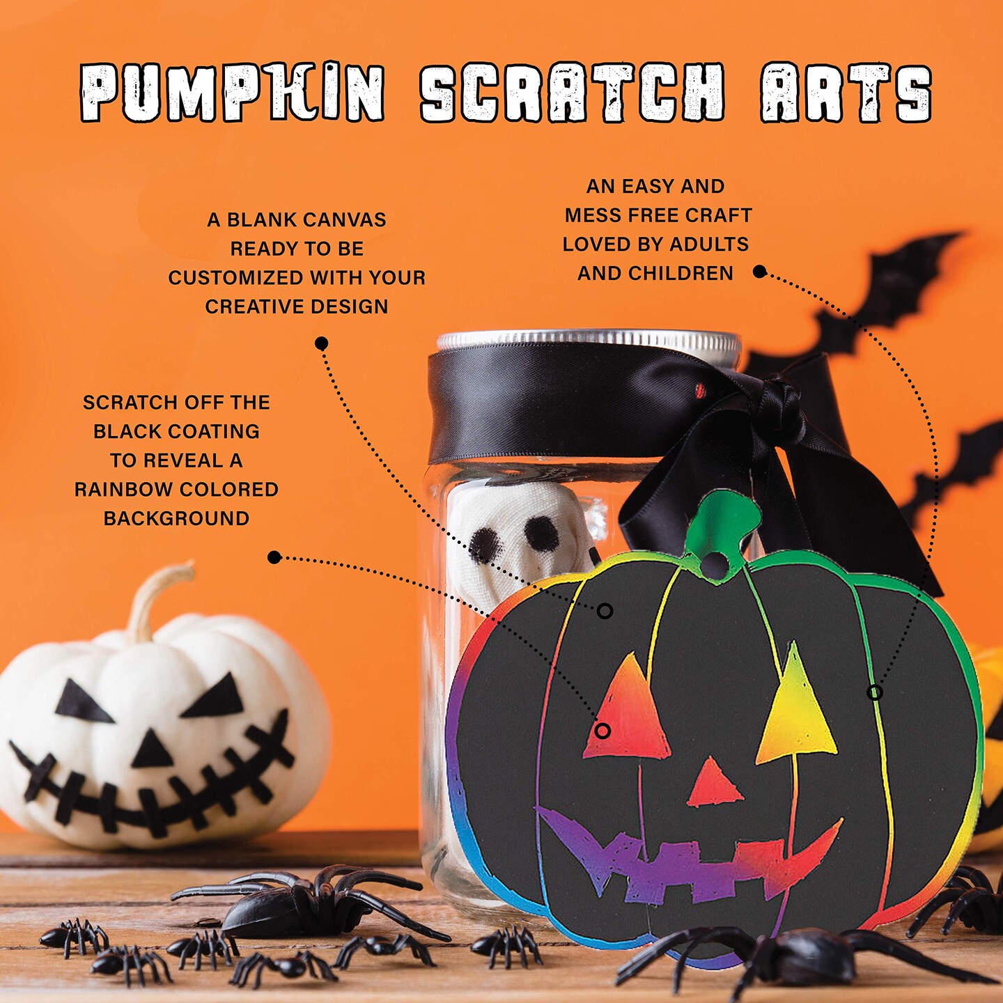 Halloween Scratch Art Trick or Treak Paper Crafts Kit Bulk Pack of Halloween Pumpkins with Magic Rainbow Colors - 24 Pumpkin Ornaments, 24 Scratch Sticks, 24 Ribbons
