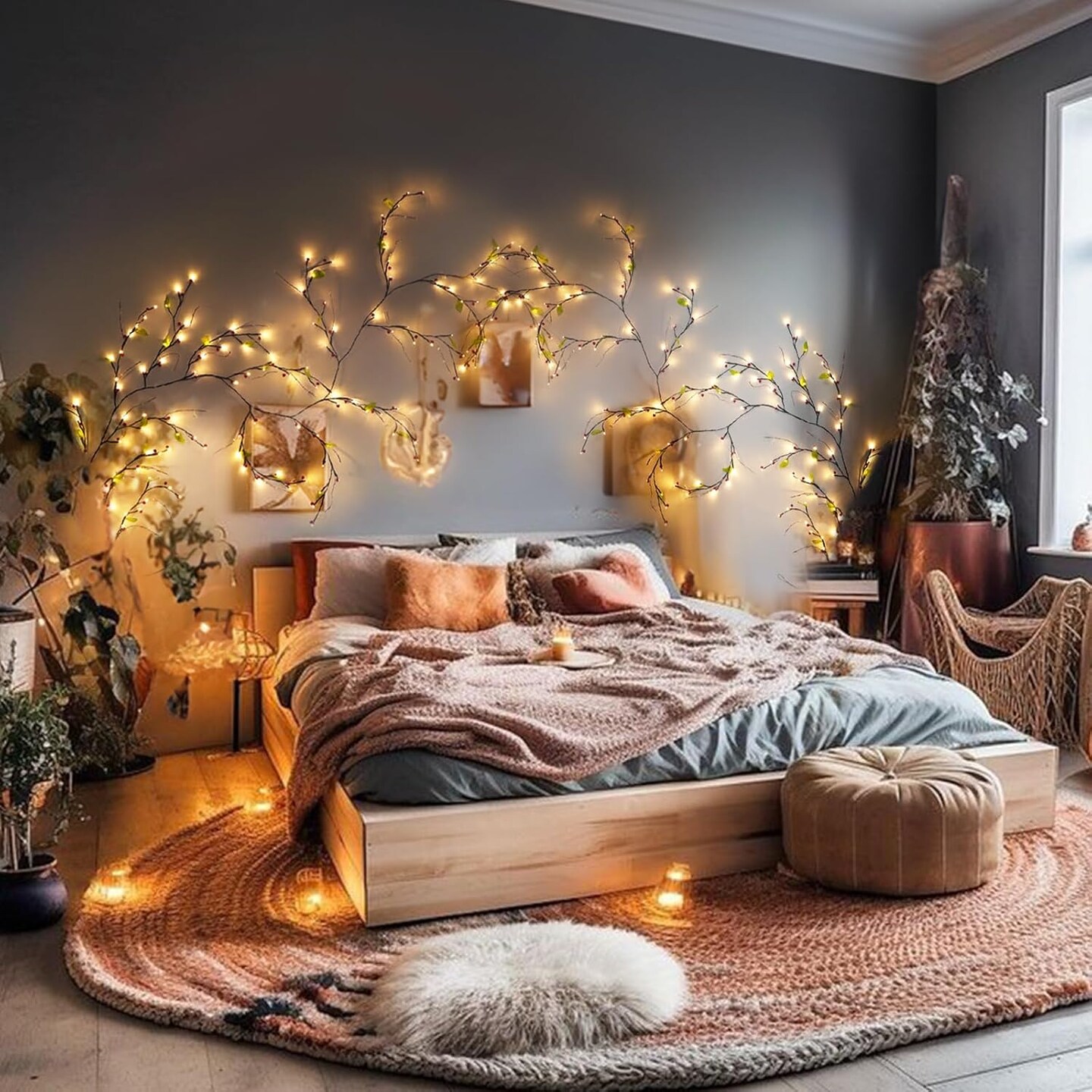 Garland with Lights 9.8FT Lighted Branches Flexible DIY Lighted with Remote Timer Dimmer 144LEDs for Bedroom Fireplace Wall Decor