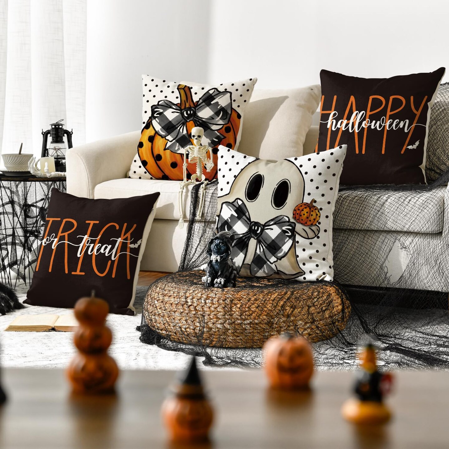 4 Pieces Happy Halloween Cute Ghost Trick or Treat Throw Pillow Covers 18 x 18 Inch Polka Dot Pumpkin Bat Cushion Case for Sofa Couch Black Michaels