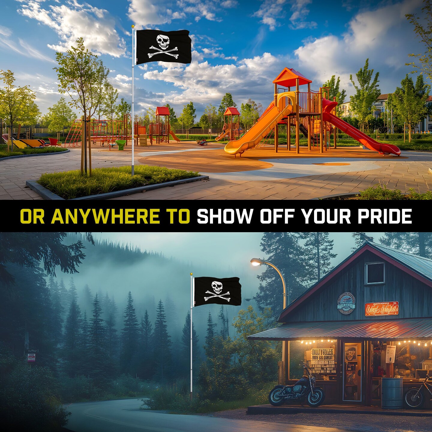 G128 Combo Pack: 16 Ft Telescoping Aluminum Flagpole (Silver) & Pirate Jolly Roger Bones Flag 3x5 Ft, ToughWeave Series Embroidered 300D Polyester | Pole with Flag Included