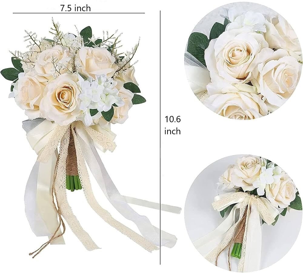 Wedding Bouquets for Bride Bridesmaid, White Champagne Ivory Bridal Bouquet Artificial Flowers Roses Tossing Bouquet for Wedding Ceremony