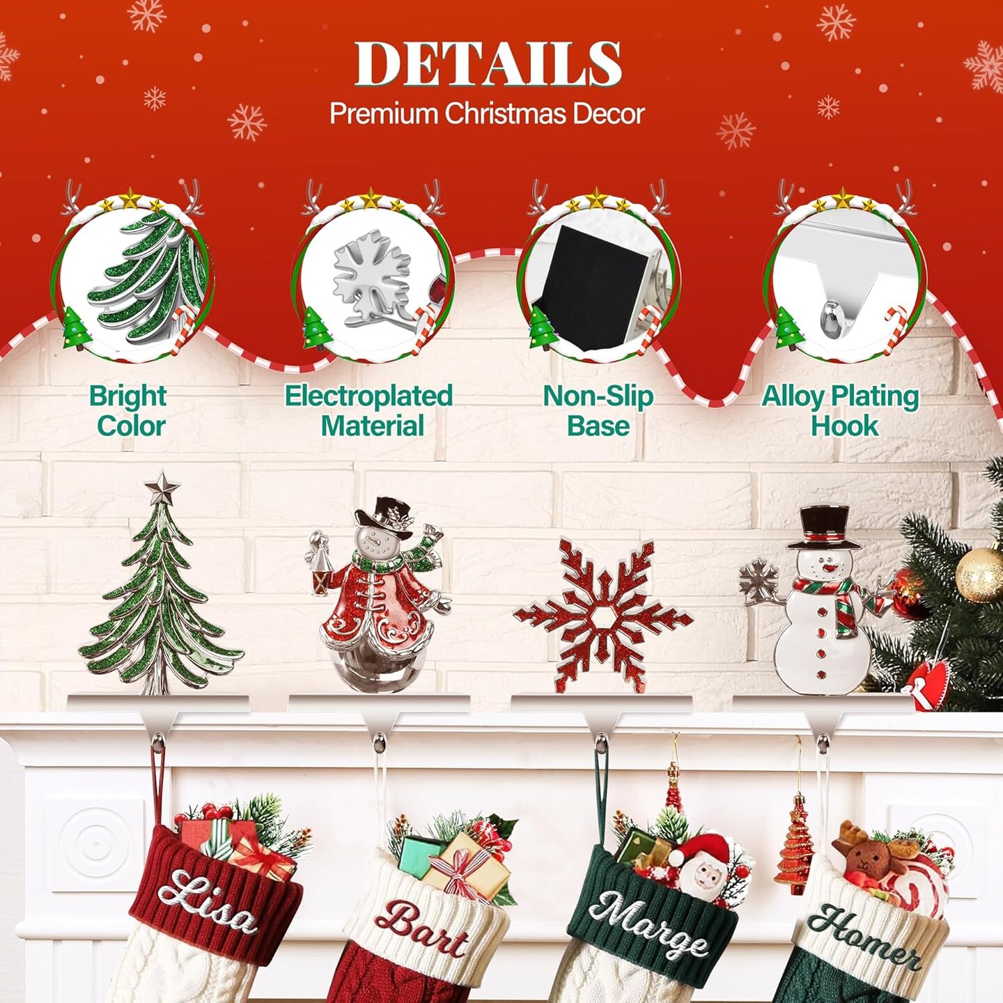 Set of 4 Christmas Stocking Holders for Mantle, Christmas Tree Weighted Stocking Holder, Snowflakes Stocking Hangers for Mantle,Christmas Stocking Holder for Fireplace Christmas Decorations