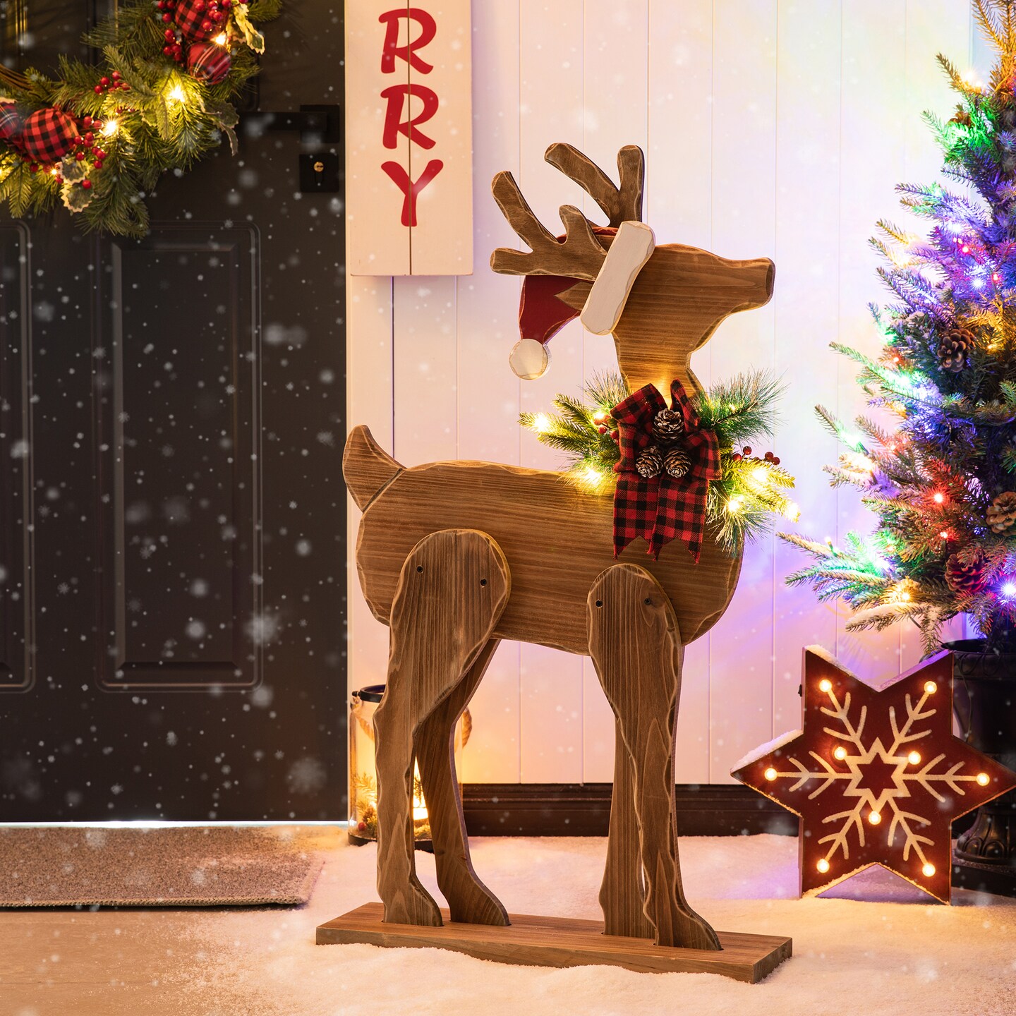 36&#x22;H Chunky Wood Reindeer Porch Decor with Timer (KD)