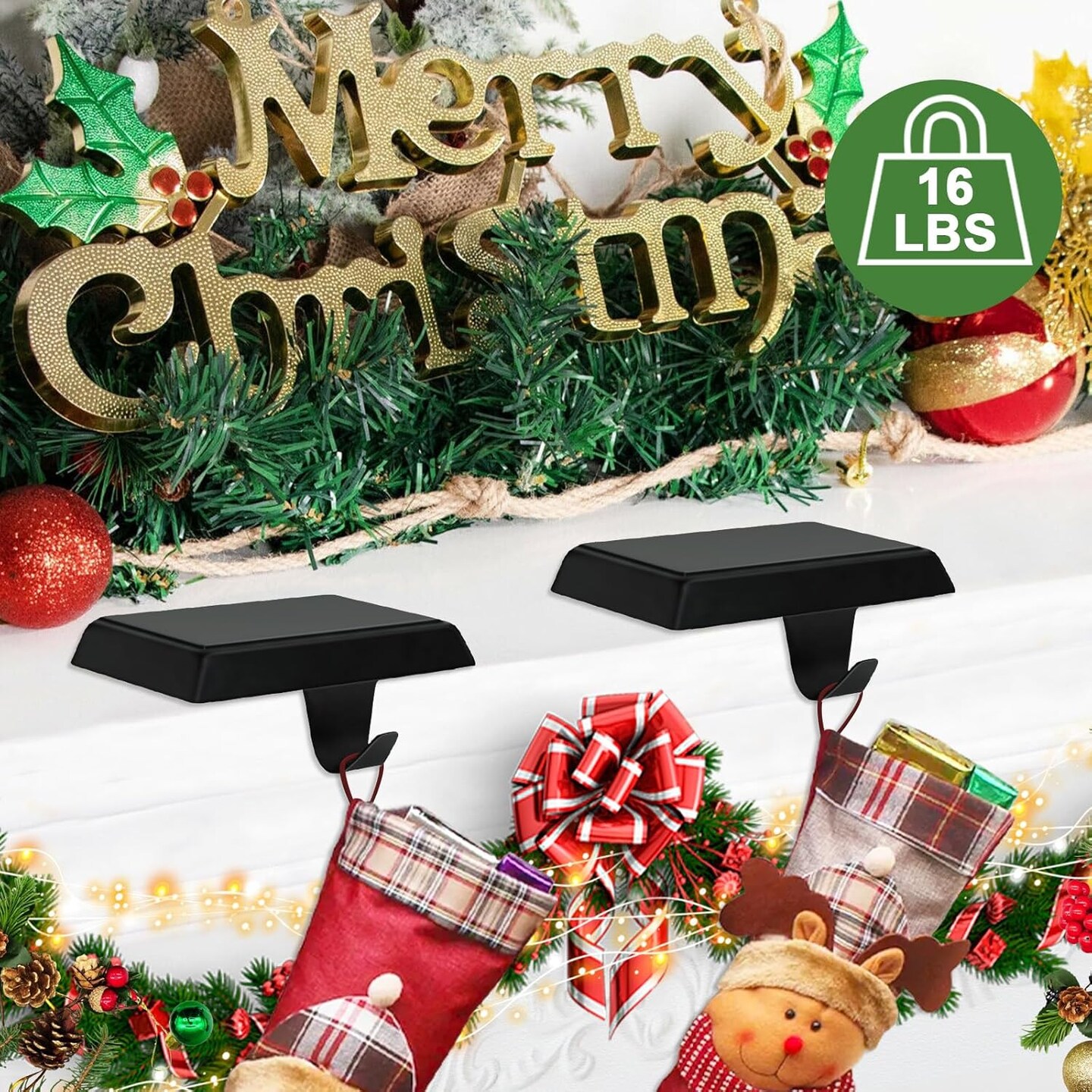 Christmas Stocking Holder for Mantle Set of 2, Black Christmas Stocking Hanger with Hook, Non-Slip Heavy Stocking Holders for Christmas Fireplace Mantel Decoration