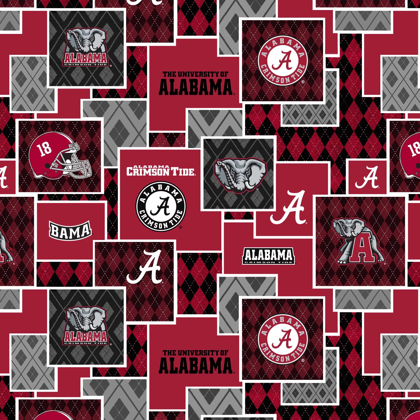 Sykel Enterprises-University of Alabama Cotton Quilting Fabric-Alabama Crimson Tide Argyle Boxes Cotton Fabric Sold by the Yard