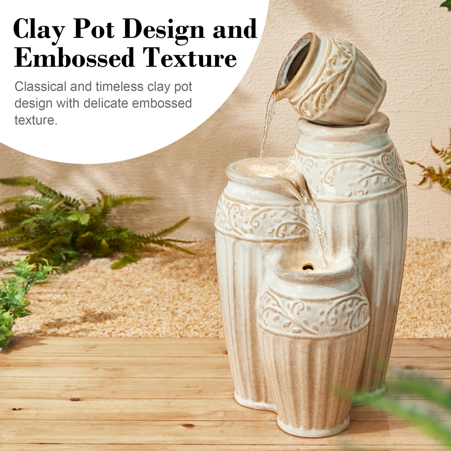 27.25&#x22;H Embossed Pattern Ceramic Pots 4-Tier Outdoor Fountain with LED Light, Includes Pump, Multiple Colors