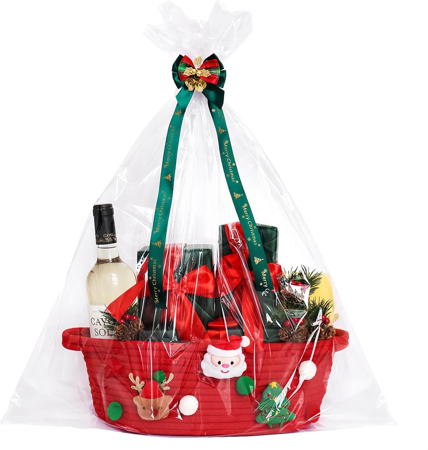 Christmas Gift Basket Empty Wrapping Set, Red Small Cotton Rope Basket with Gift Bag and Bow Ribbon Xmas Gifts for Women Men Kids, Storage Toy Snack Basket with Handle for Home Christmas Decorations