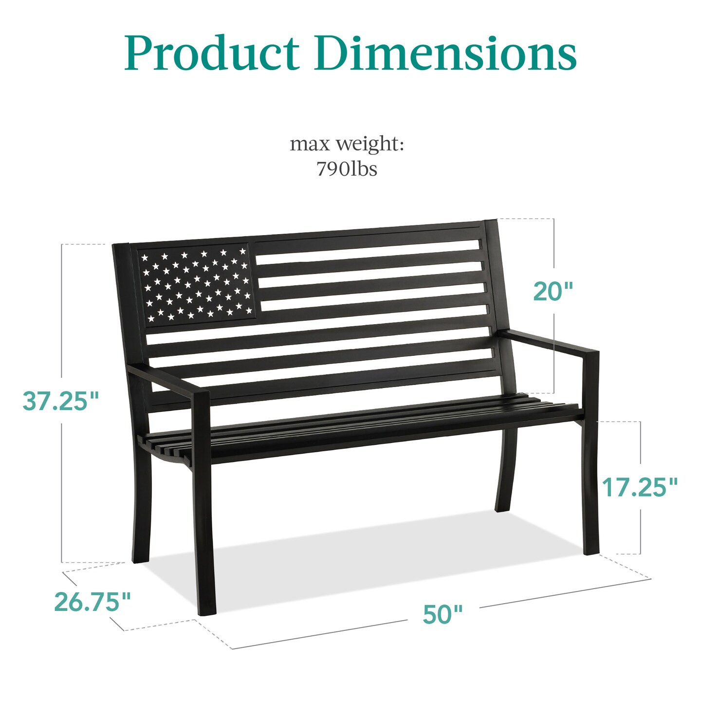 Best Choice Products Indoor Outdoor Steel Garden Bench w/ American Flag Backrest, 790lb Capacity