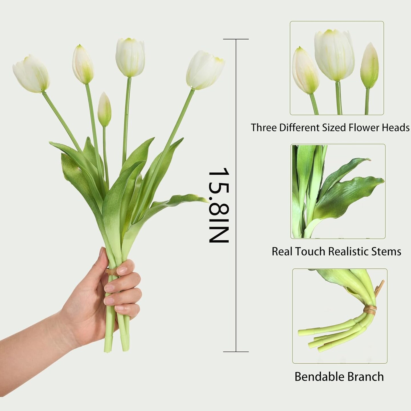 15 Pcs White Real Touch Artificial Tulips – Premium Latex Faux Flower Bouquet for Spring Wedding & Home Centerpiece Decor