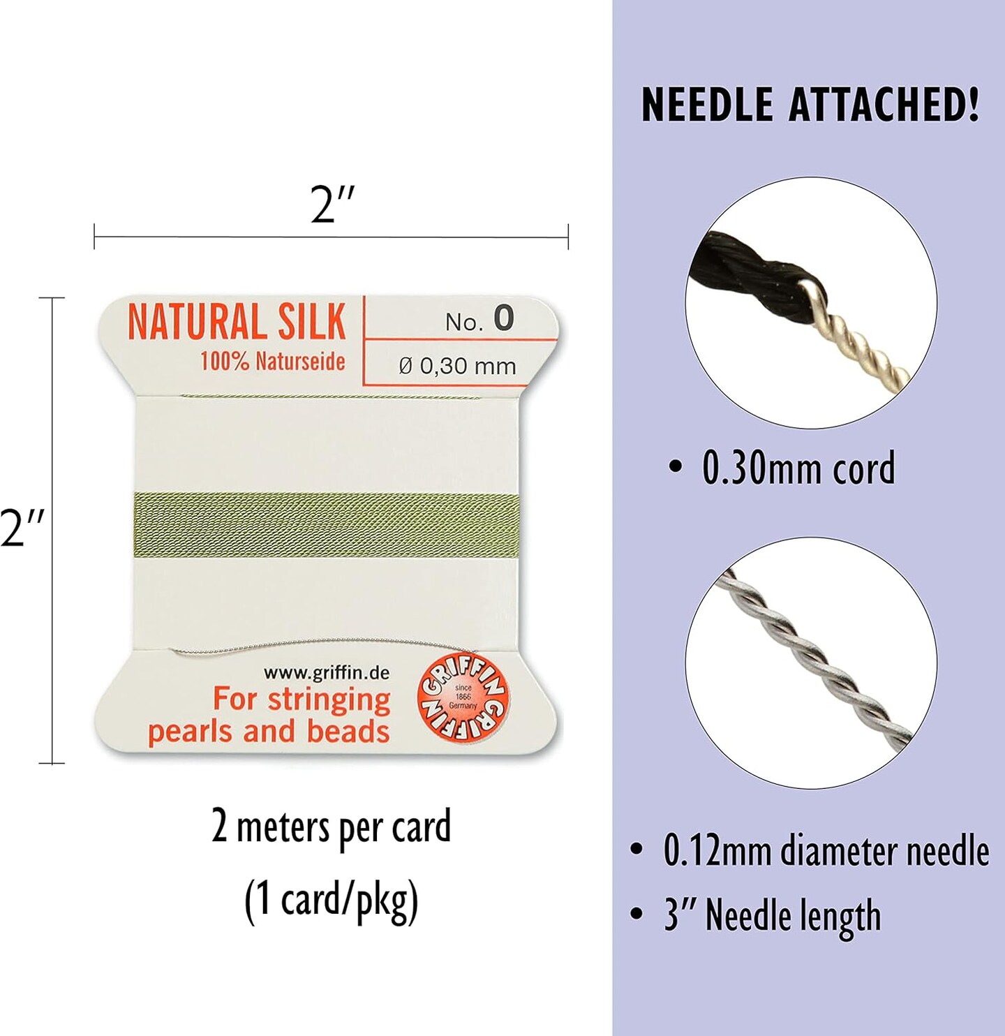 Griffin Silk Bead Cord Perlseide – Size 0 (0.30mm) – 2 Meters per Card – Stainless Steel Needle Attached – for Knotting Pearls, Gemstones, Crystals and Beads