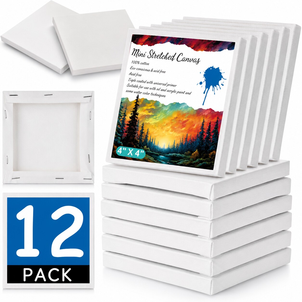 12PCS Mini Canvases for Painting 4 x 4 Inch Small Square Stretched