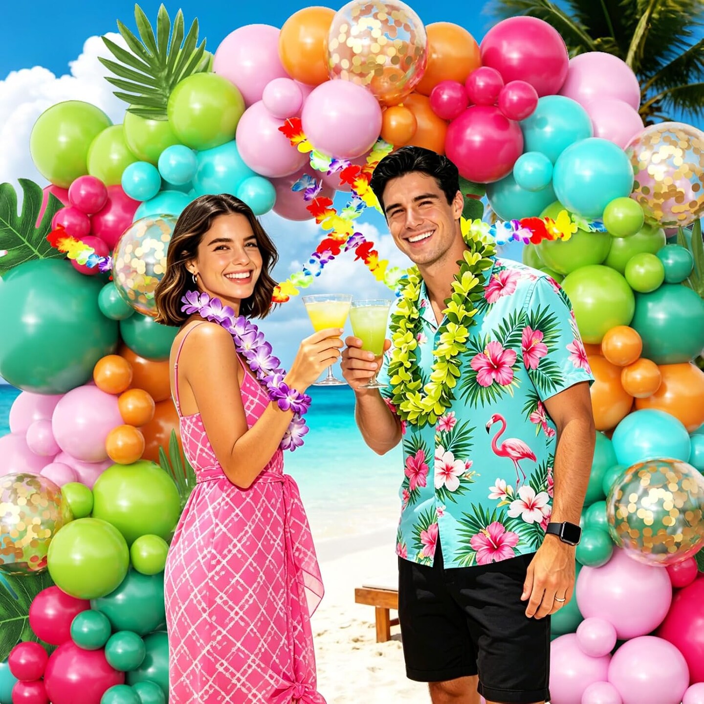 136pcs Tropical Balloon Arch Kit – Hawaiian Luau Party Decorations with Hot Pink, Green, Teal, Orange & Gold Confetti Balloons – Palm Leaves & Flower Lei Garland for Summer, Birthday & Beach Party