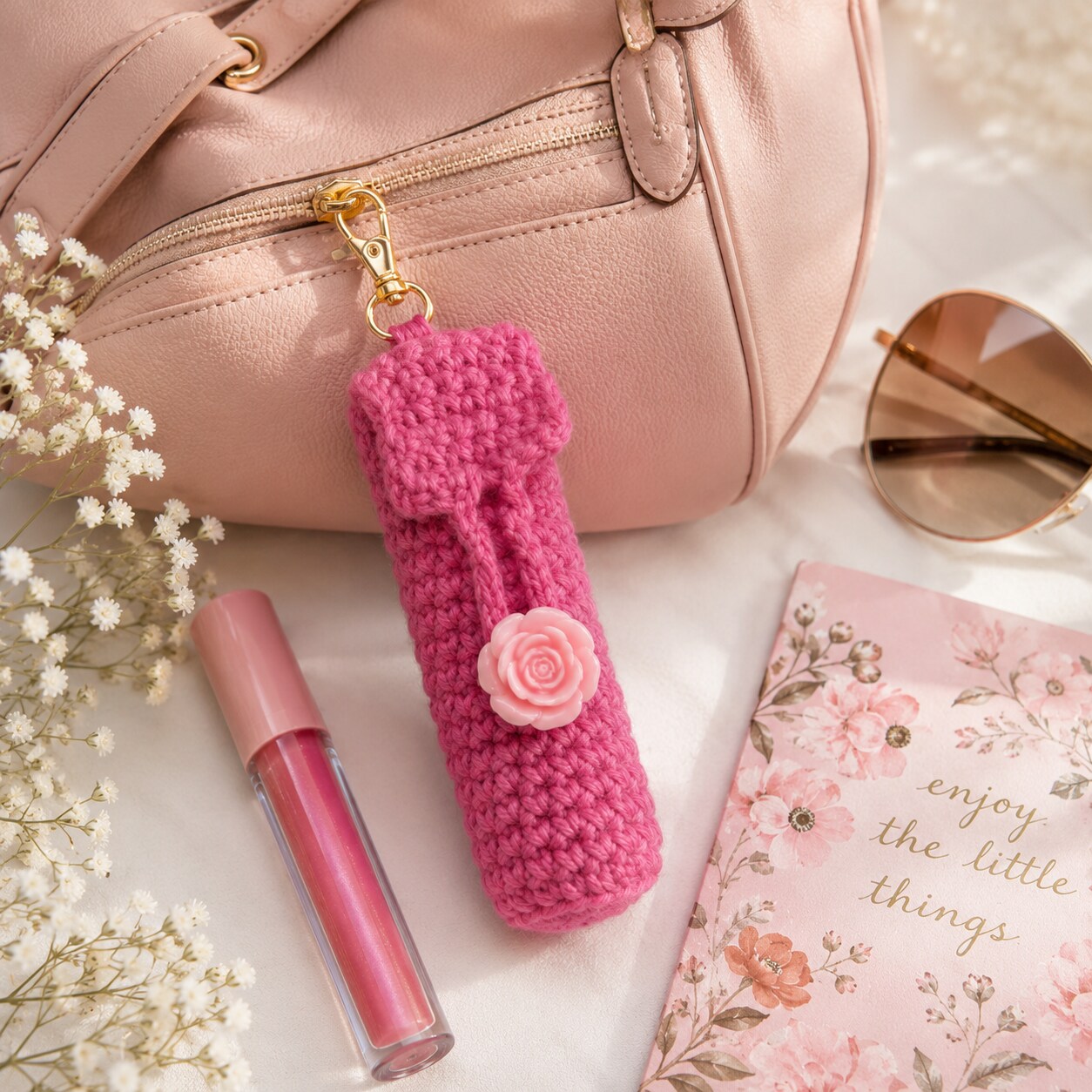 Copy-Crochet Lip Balm Holder Keychain with Lip Gloss Included