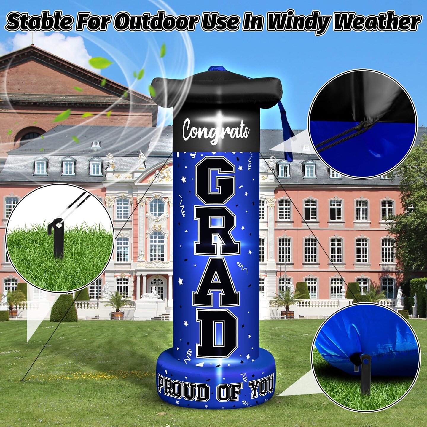 6 FT Giant Graduation Inflatable Decorations, 2025 Graduation Campus Party Blow-Up Deco with 3LED light1Blower for University Graduation Ceremony Students and Teachers Take Photos Deco (Blue)