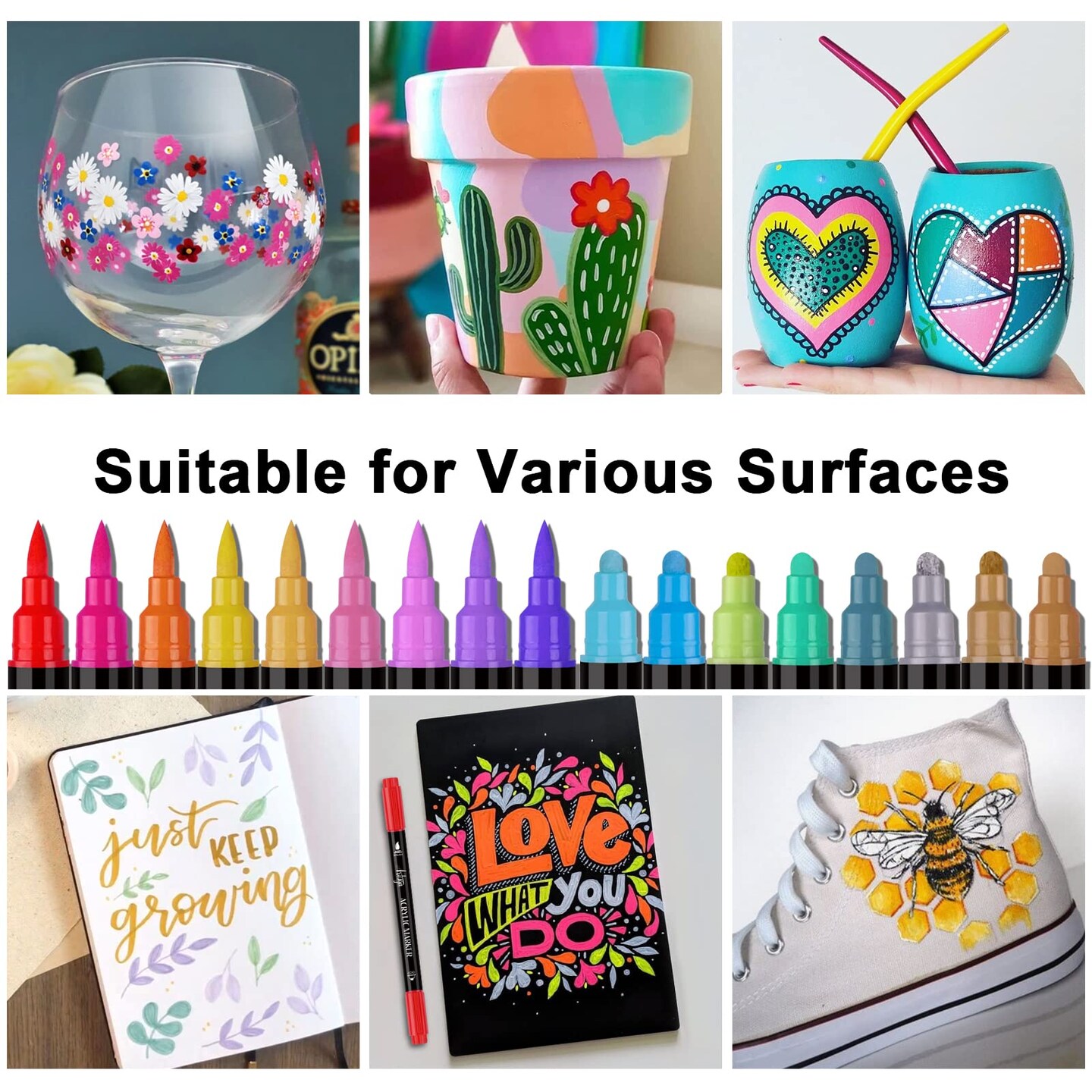 24 Colors Acrylic Paint Pens, Dual Tip Pens With Medium Tip and Brush Tip for Rock Painting, Ceramic, Wood, Plastic, Calligraphy, Scrapbooking, Brush Lettering, Card Making, DIY Crafts &#x26; Organizer Storage Tote Bag
