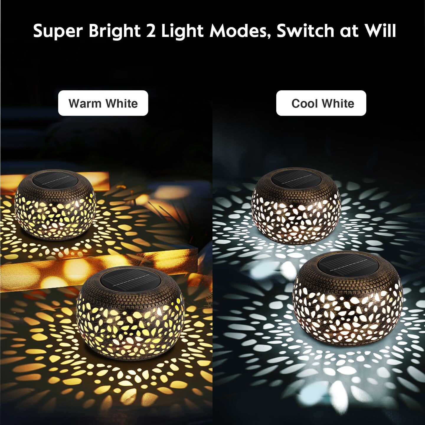 Solar Lanterns Waterproof Outdoor Decor: 2 Pack Hollow Out Retro Metal Solar Lights, Unique Gardening Gifts for Women Mom, Outside Garden Yard Porch Lawn Indoor Tabletop Decorations, 2 Lighting Colors