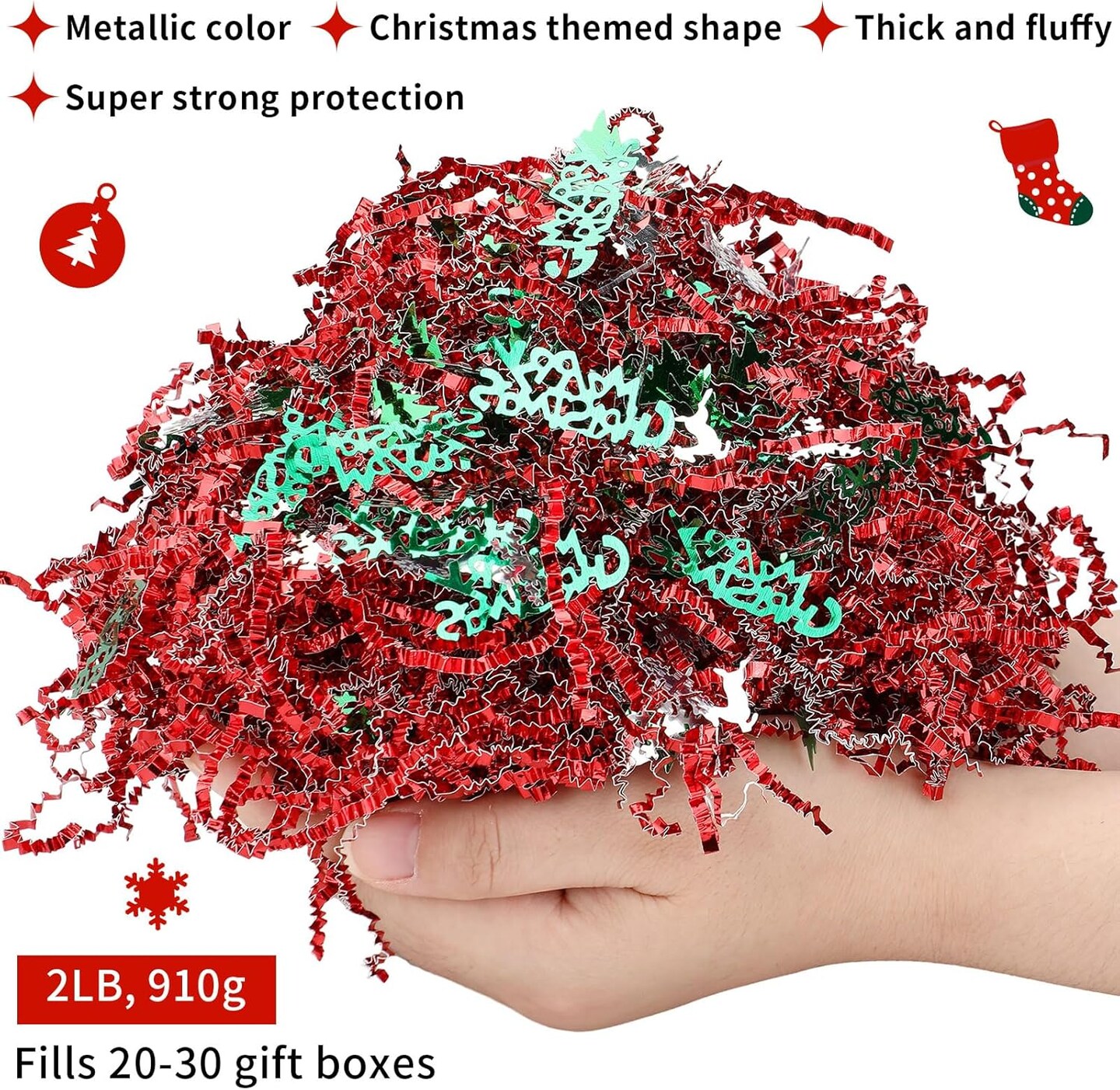 2lb Christmas Basket Stuffers Metallic Red Green Crinkle Cut Paper Shred Filler Christmas Crinkle Paper Merry Christmas Tree Snowflake Elk Confetti Christmas Packaging Raffia Stuffers