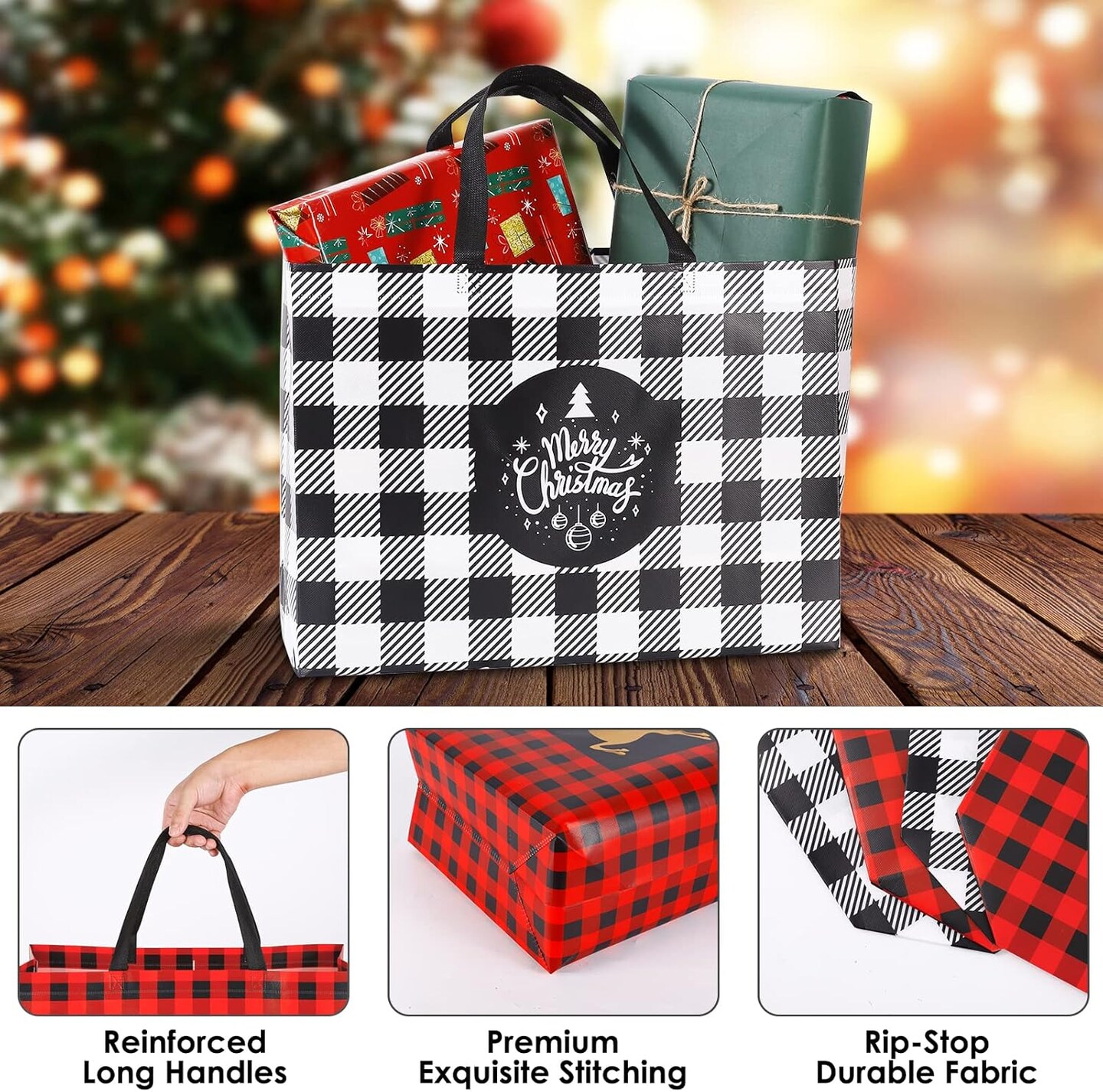 8 Pack Extra Large Christmas Gift Bags, Reusable Tote Bags with Handle Non-Woven Christmas Grocery Shopping Totes for Holiday Xmas, 16.9 * 12.6 * 6.8"